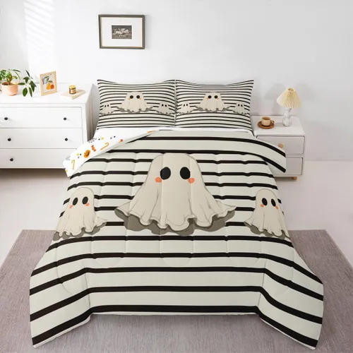 Miniatura 24 de Feelyou Juego de edredón de murciélago para niñas y niños, tamaño individual, edredón de Halloween decorativo en blanco y negro, juego de ropa