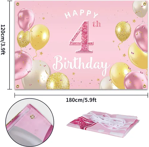 Miniatura 2 de Cartel de fondo de feliz 4º cumpleaños, suministros de decoración de fiesta de cumpleaños 4 para niñas, color rosa, 3.9 x 5.9 pies