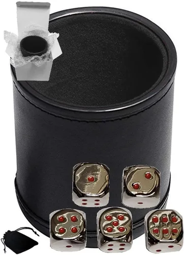 Miniatura 10 de Cyber-Deals Juego de dados de piel sintética negra con forro de fieltro negro de felpa + dados de metal de aleación de zinc de 0.630 pulgadas, caja