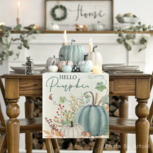 Miniatura 2 de Artoid Mode Aqua Hello - Camino de mesa de otoño con hojas de calabaza, decoración de mesa de comedor de cocina de otoño de temporada