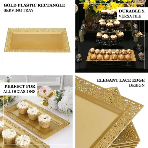 Miniatura 4 de Efavormart - Paquete de 4 bandejas rectangulares de plástico con estampado de encaje dorado de 14 pulgadas, bandejas decorativas para mesa de café