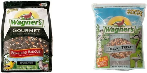 Wagner's 82042 Songbird Banquet - Alimento para pájaros silvestres, bolsa de 5 libras y 62067 Deluxe Treat Blend Alimento para pájaros silvestres, 4