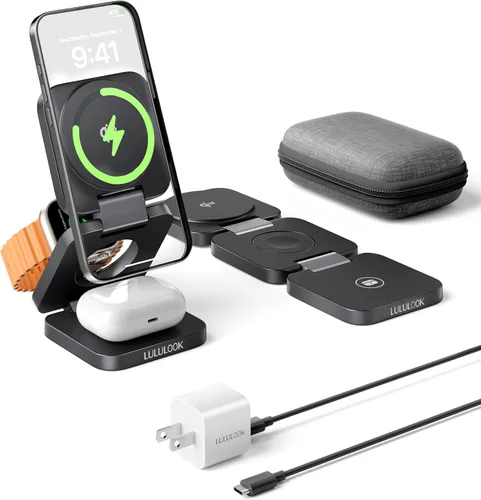 Cargador de viaje 3 en 1 certificado Qi2 compatible con MagSafe, soporte de cargador inalámbrico plegable mejorado, estación de carga 3 en 1