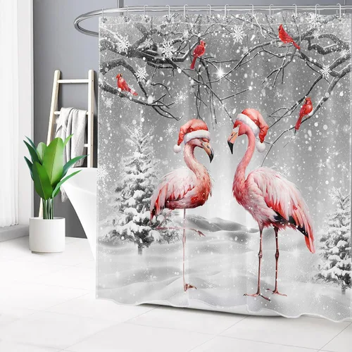Miniatura 2 de HVEST Cortina de ducha de invierno de Navidad con alfombras de baño, flamenco rosa y cardenales en bosque nevado gris, cortina de ducha y tapete