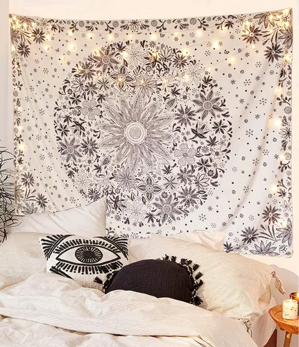 Miniatura 2 de Neasow - Tapiz estilo bohemio para colgar en la pared, estilo floral, blanco y negro con circunferencia de margarita con lunares, decoración