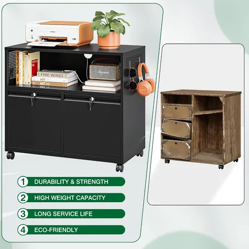 Miniatura 7 de Archivador de metal con 2 cajones con cerradura, gabinete archivador con soporte para impresora móvil y estantes para archivos de tamaño Negro