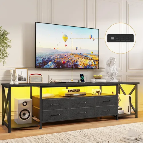 Miniatura 9 de BTHFST Soporte de TV con luces LED y tomas de corriente, para televisores de hasta 85 pulgadas, 6 cajones de tela, centro de entretenimiento
