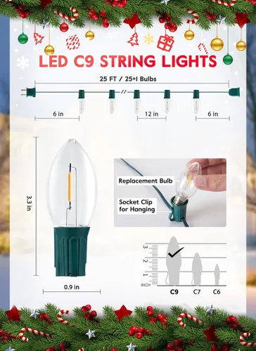 Miniatura 3 de Luces LED vintage C9 de Navidad, cadena de luces C9 de 25 pies con 25 bombillas LED C9 de plástico, luces impermeables conectables al aire libre