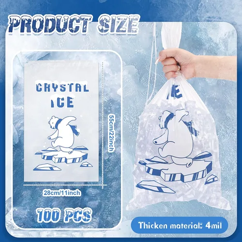 Miniatura 2 de Honoson 100 bolsas de almacenamiento de hielo de plástico de 10 libras con cierre de cordón de algodón para barbacoas, campamentos, puestos