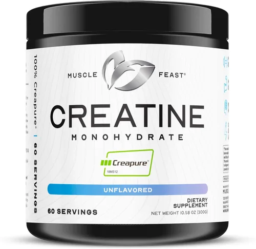 Polvo de monohidrato de creatina Creapure, hecho por Muscle Feast | Pre-entrenamiento o post-entrenamiento, premium | Fácil de mezclar y sin gluten,