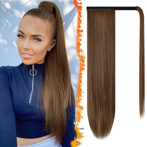 Miniatura 31 de BARSDAR Extensión de cola de caballo de 28 pulgadas largo recto envoltura alrededor del clip en pelo de fibra sintética para mujeres, negro