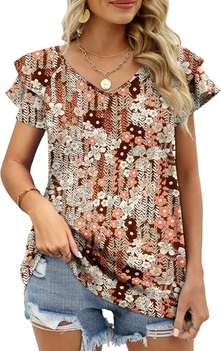 Miniatura 3 de OFEEFAN - Camisetas de verano para mujer, blusa informal de manga corta con volantes, cuello en V, ajuste holgado