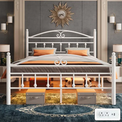 Miniatura 12 de Marcos de Cama Tamaño Twin con Estación de Carga, Marco de Cama de Plataforma de Metal Negro con Luces LED, Soporte de Listones de Acero Metal