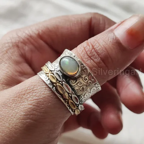 Miniatura 5 de Natural Opal Spinner Band, October Birthstone, Meditation Ring, 925 Sterling Silver Ring, Spinning Ring, Two Tone Ring, Fidget Ring, Handmade
