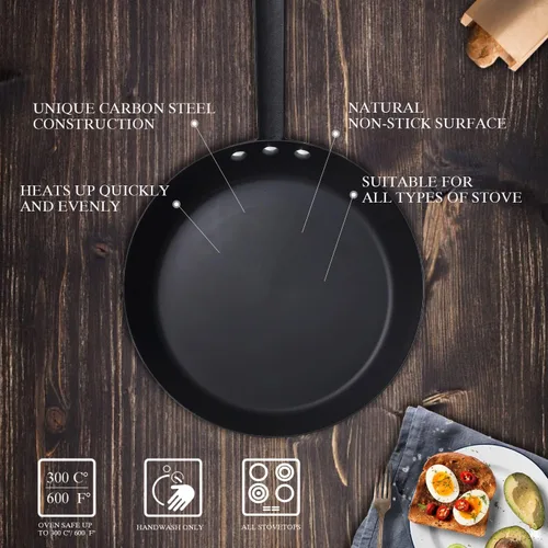 Miniatura 6 de Sartén de acero al carbono sin recubrimiento, sartén nitrurada duradera de 10 pulgadas, apta para horno 660F y compatible con inducción, sin PFOA