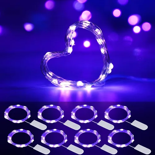 Luces LED negras UV a pilas, paquete de 8 luces LED de 6.56 pies, 20 luces LED UV con cuentas flexibles de luz negra, luces moradas para tarro de