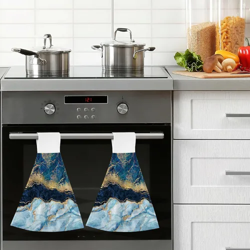 Miniatura 7 de Juego de 2 toallas de mano de mármol azul dorado con bucle, toallas de secado rápido, toallas suaves para cocina, platos de té, toallas para baño