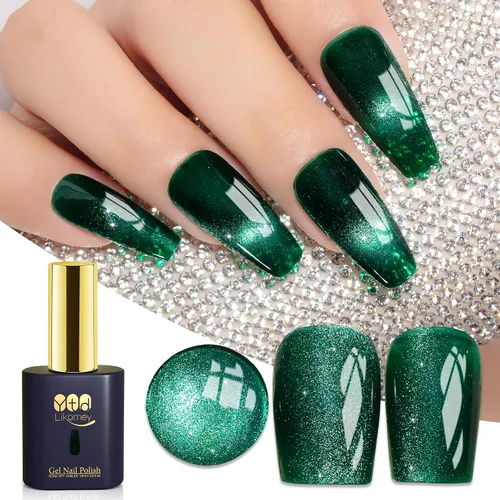 Miniatura 38 de YTD Likomey Juego de esmaltes de uñas de gel Cat Eye, 8 colores de verano con purpurina magnética de cristal con barra magnética, plateado, verde