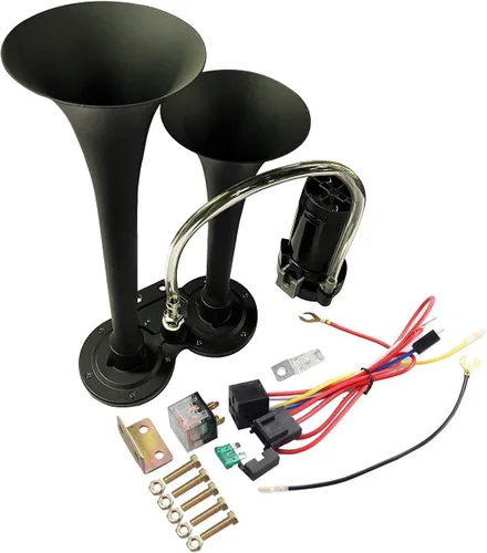 Miniatura 7 de GAMPRO Bocina de aire de 150db 12V, trompeta doble de zinc cromado con compresor para cualquier vehículo de 12 V (negro)