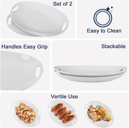 Miniatura 3 de Buyajuju Plato de porcelana con asas, platos para servir de 14 pulgadas para entretener, bandeja ovalada para ensalada, guiso, frutas y pasta, juego