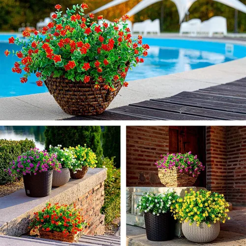 Miniatura 8 de Flores artificiales para exteriores, 8 paquetes de flores falsas resistentes a los rayos UV, flores sintéticas de plástico para exteriores, plantas