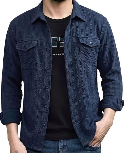 Miniatura 40 de Camisas con botones para hombre, casual, de manga larga, con cuello jacquard, texturizada, ligera, sobrecamisa, sobrecamisa