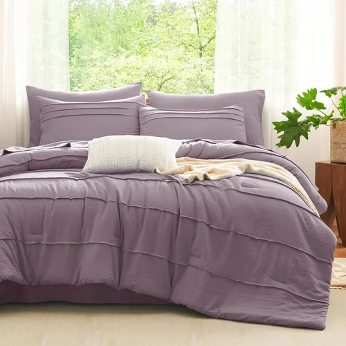 Miniatura 14 de CozyLux Juegos de Edredón Tamaño Full Beige, 7 Piezas Suave Plisado Pinch Pleat Cama en una Bolsa Juego de Edredón Full con Sábanas, Juego de Cama