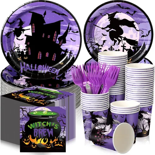 Miniatura 9 de Sliner 180 piezas de suministros para fiesta de Halloween, platos, servilletas, vasos, servir, 30 platos desechables de Halloween, platos de postre