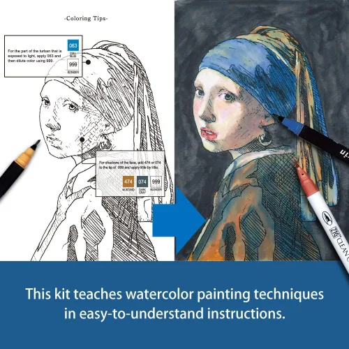 Miniatura 6 de Kuretake ZIG, colección de arte histórico acuarela W/J.VERMEER set con 7 pinceles de acuarela, hoja preimpresa, papeles para principiantes