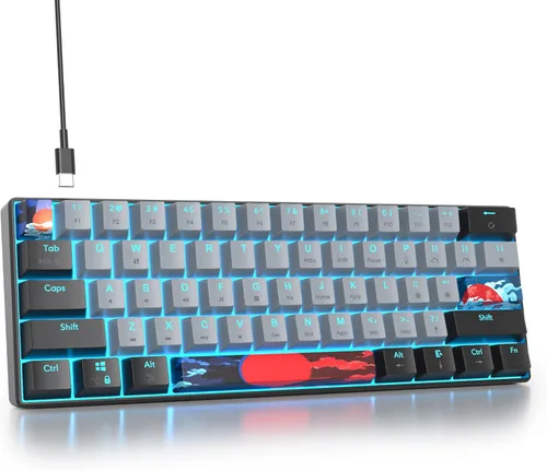 Miniatura 10 de Teclado mecánico portátil 60 % para juegos, teclado de oficina mini compacto con retroiluminación LED azul hielo de 61 teclas con cable, interruptor