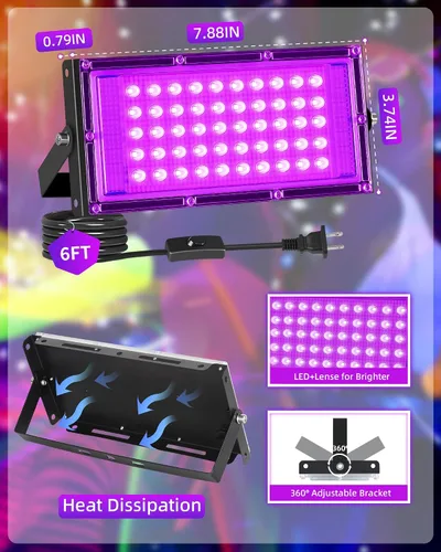 Miniatura 4 de THECHAM Luces LED negras de 50 W IP66, impermeable, luz negra para exteriores con enchufe de 5.9 pies + interruptor, luz negra de inundación