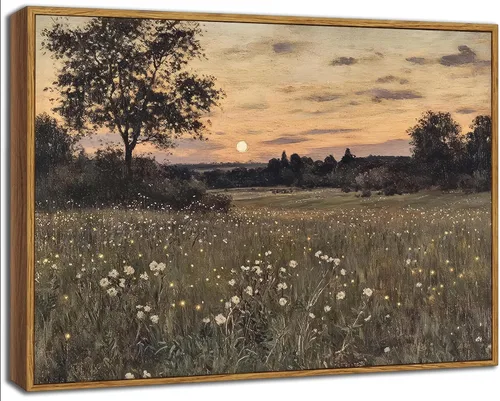 Arte de pared enmarcado rústico de casa de granja con flores silvestres, pintura vintage de paisaje de campo de flores silvestres, impresiones retro