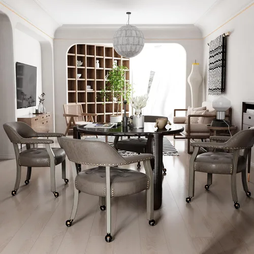 Miniatura 17 de Juego de 8 sillas de cuero de comedor con ruedas y brazos, silla de capitán Accent con ruedas, sillas de madera con ruedas enrollables para cocina