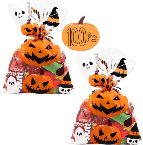 Miniatura 4 de AnapoliZ Bolsas de regalo de Halloween 100 piezas (6 x 9 pulgadas) Bolsas de celofán transparente de 2.5 mil con divertidos diseños aterradores