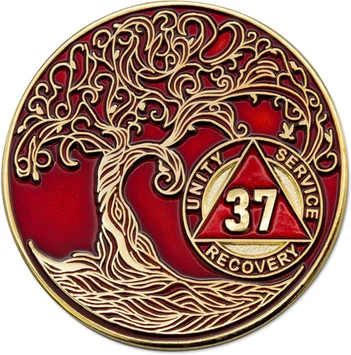 Miniatura 99 de 20 Year Sobriety Mint Twisted Tree of Life - Medallón de recuperación AA chapado en oro, fichas y fichas, color negro