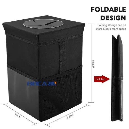 Miniatura 4 de Beicarin Papelera para coche con tapa, bolsa de basura para colgar con bolsillos de almacenamiento, plegable y portátil, organizador de auto a