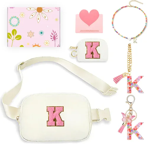 Miniatura 22 de Regalos de moda para niñas adolescentes, cangurera con monograma para niña con llavero, collar, dijes de taza, tarjeta de felicitación y caja