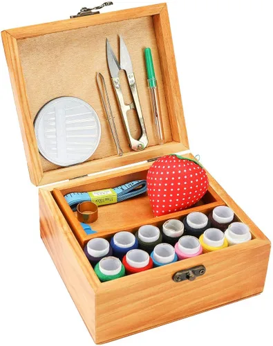 Miniatura 3 de Kit de costura, caja de madera para adultos, cesta de costura de madera con accesorios, kit de reparación de costura para principiantes, mujeres