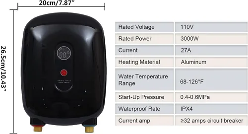 Miniatura 3 de Mini calentador de agua eléctrico sin tanque, 110 V, 3000 W, pequeño calentador de agua caliente instantáneo con pantalla digital LCD para grifo
