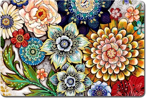Rnivvi Tapete de Comida para Perros, 16" x 24" Tapete Absorbente con Diseño Floral para Tazones de Perros y Gatos para Comida y Agua, Bonita Mandala