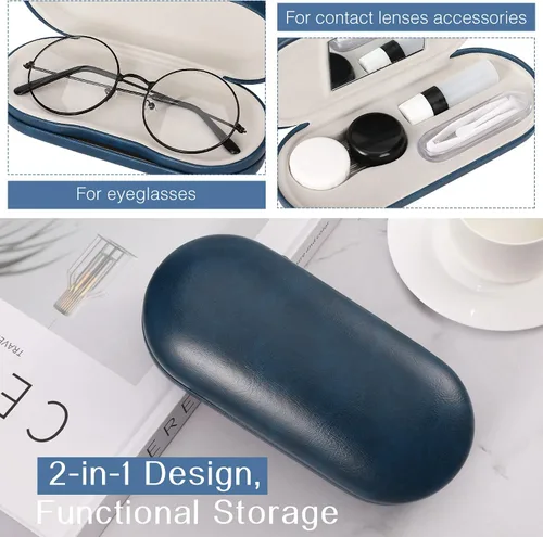 Miniatura 2 de MoKo Estuche Doble para Gafas, Estuche para Lentes de Contacto con Pinzas Removedoras con Espejo, 2 en 1 de Doble Cara Portátil, Caja Soporte Azul
