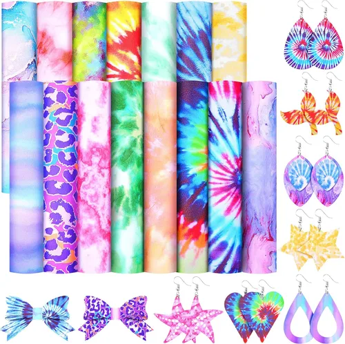 Miniatura 10 de Honoson 15 piezas de cuero sintético de verano de 8.3 x 6.3 pulgadas, hojas de tela colorida para aretes, suministros de decoración de manualidades