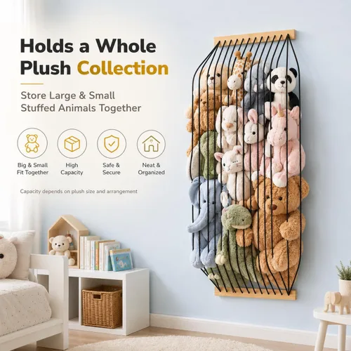 Miniatura 5 de Organizador de madera para almacenamiento de animales de peluche, para habitación de niños, lindo y duradero para pared o puerta, longitud Negro
