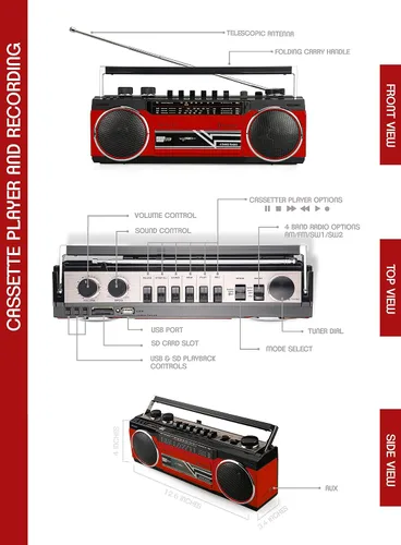 Miniatura 5 de Riptunes Boombox de cassette, Boombox retro Bluetooth, reproductor y grabador de cassette, radio AM/FM/SW-1-SW2 de 4 bandas, USB, SD y entrada Negro