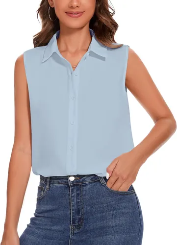 Miniatura 14 de YAMANMAN Camisa sin mangas con botones para mujer, blusa clásica con cuello redondo, camiseta básica de gasa para el trabajo y la oficina