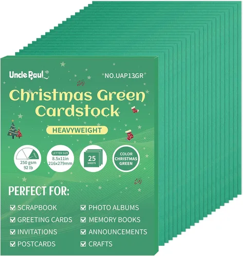 25 hojas de cartulina verde de Navidad - 8.5" x 11" 92 lb, cartulina de doble cara 250 g/m², papel pesado para manualidades artísticas, tarjetas de