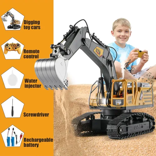 Miniatura 3 de Excavadora de control remoto 1:14, juguetes con control remoto para niños, excavadora RC de 14 canales, juguetes de construcción de tractor, humo