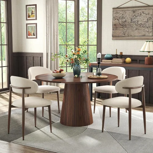 Juego de mesa de comedor redonda de granja para 4, 47 pulgadas, mesa de cocina con mesa y base de MDF, sillas tapizadas de tela beige con patas de
