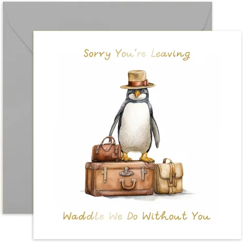 Old English Co. - Tarjeta de pensión de jubilación con sombrero de pingüino y maleta para colega de trabajo, divertida tarjeta de pensión de