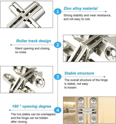Miniatura 5 de Paquete de 2 bisagras ocultas invisibles de 1.77 pulgadas, bisagras cruzadas ocultas invisibles de 180 grados para puerta, cruz de aleación de zinc